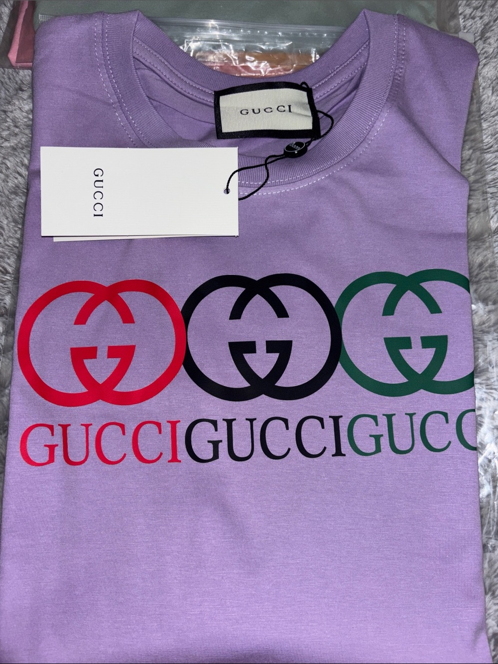 Gucci Lavender Tee with Red, Black & Green Logos